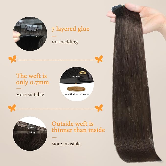 DOORES Clip in Human Hair Extensions, Light Dark Brown 110g 7pcs 14-22 Inch, Seamless Silicone Wefts, 7-Layer PU Glue Bonding, Straight