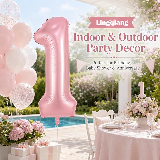 Pastel Pink 1 Balloons, 40 Inch Giant Light Pink Helium Foil Number 0-9 - Image 8