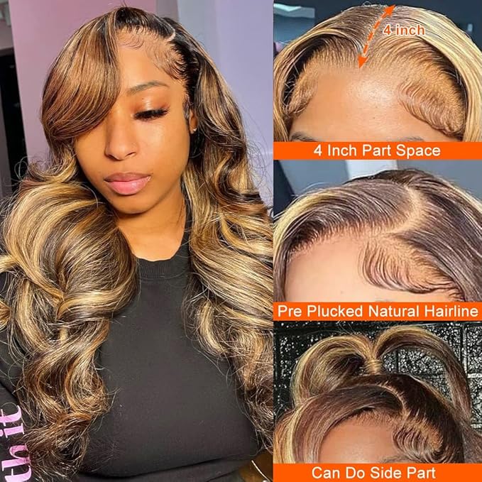 Ombre Lace Front Wigs Human Hair Pre Plucked 13x4 HD Transparent 4/27 Colored Body Wave lace frontal Wigs Human Hair 200% Density Honey Blonde Lace Front wigs for Women 26 Inch