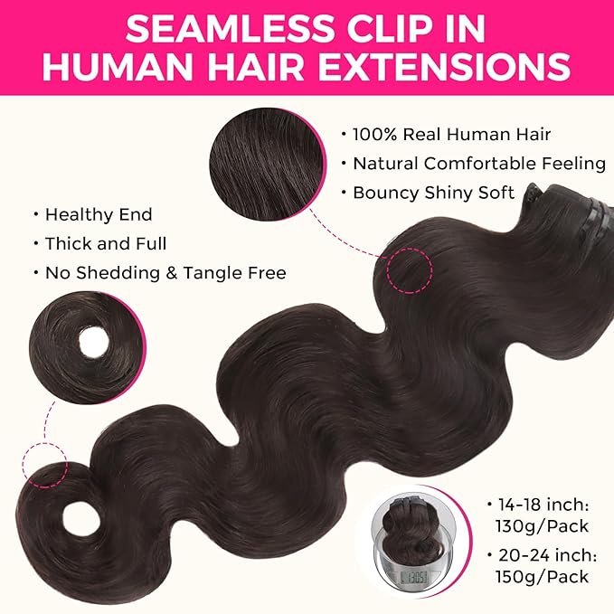 Lashey Seamless Clip in Hair Extensions Human Hair 150g 9pcs 24 Inch Body Wave #2 Dark Brown Clip for Women PU Weft Hair Extensions