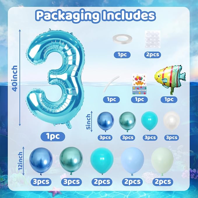 Blue Number 3 Balloon 40 Inch Ocean Under the Sea Number Three Foil Balloons - Image 2