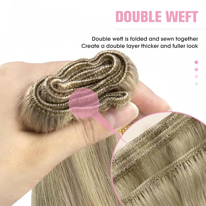 YoungSee Weft Hair Extensions Blonde Highlight Human Hair Extensions Sew in Dark Ash Blonde Highlighted Light Blonde Sew in Weft Hair Extensions Human Hair for Women 18Inch 100G