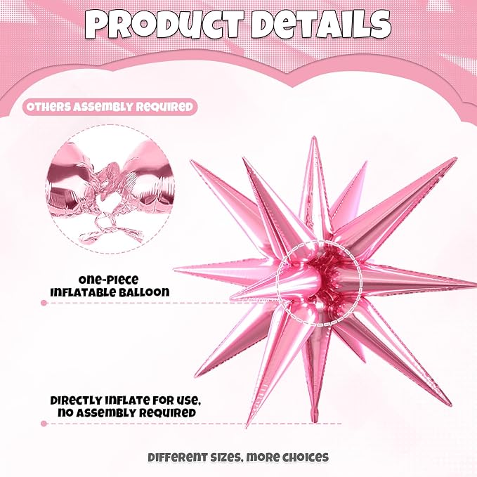 Pink Star Balloons, 22/27 Inch Transparent Star Foil Balloons, Cone Spike - Image 3