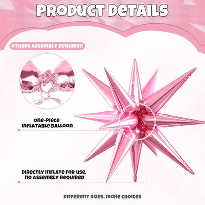 Pink Star Balloons, 22/27 Inch Transparent Star Foil Balloons, Cone Spike - Image 3