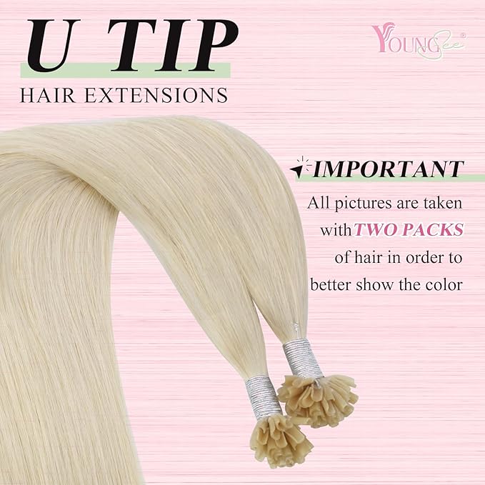 YoungSee U Tips Hair Extensions Real Human Hair Blonde U Tip Extensions Remy Hair Platinum Blonde Hot Fusion K Tips Hair Extension Straight Ktips Human Hair Extension for Women 16In 1G/S 50G