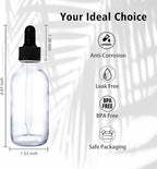 48 Pack 2oz Clear Glass Bottles with Glass Eye Droppers for Essential Oils, Perfumes & Lab Chemicals (Brush, Funnels, 2 Extra Droppers, 54 Pieces Labels & 30ml Measuring Cup Included)