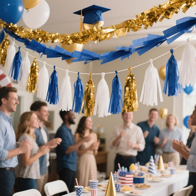 We Moment Navy Blue Gold White Tassel Garland Banner Paper Tassels - Image 4