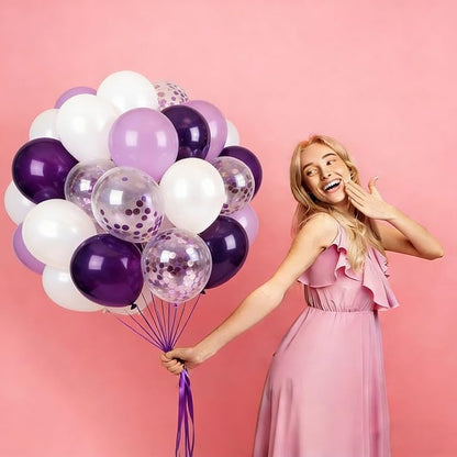 Purple White Balloons 60Pcs 12 Inch Confetti Latex Balloon Kit - Image 3