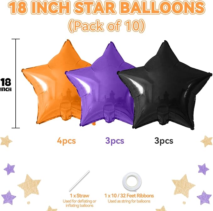 Purple Black Orange Star Foil Balloons, 18 Inch Large Metallic Stars Balloons - Image 2