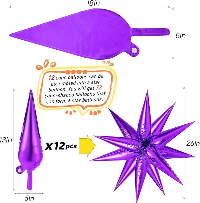 Purple and Black Orange Star Balloons, Metallic Cone Mylar Spike Balloons - Image 5