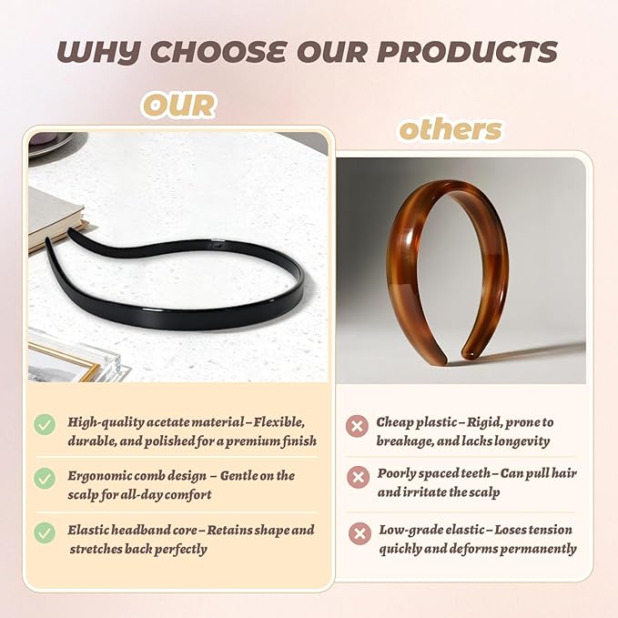 Hair Bands Eyewear-Friendly Design, Hairbands for Women - Non-Slip Thin Headbands with Teeth, No Pressure & No Headache Sunglasses Headband (Black)