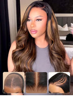 YIROO Bye Bye Knots 7x5 HD Lace Glueless Wig Human Hair Highlight Ombre Brown Body Wave Wig with Elastic Drawstring, Pre Cut Pre Plucked Pre Bleached Invisible Knots Put On and Go 150% Density 18Inch