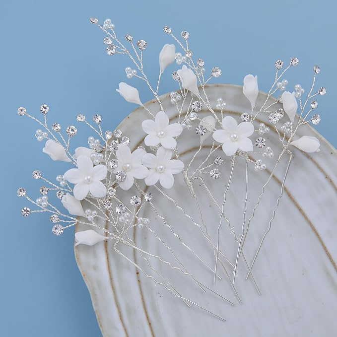 Flower Bridal Hair Pins Pearl Bride Wedding Hair Pieces Leaf U Shaped Hair Accessories Headpiece for Wedding Brides Women Girls（6 PCS） (Silver/Rhinestone White Flower)
