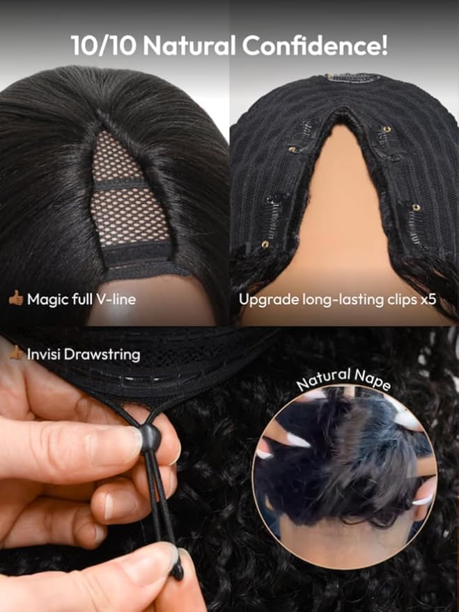 KLAIYI Ombre Brown V Part Wig Body Wave Human Hair Upgrade U Part Wig with Dark Roots Glueless Chestnut Brown Clip in Half Wig No Glue No Leave Out Beginner Wigs for Women Wear and Go Wig 150% 22Inch