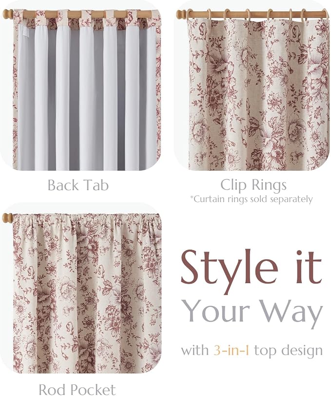 jinchan Red Floral Linen Blackout Curtains Lined 90 Inch Back Tab 2 Panels | - Image 4