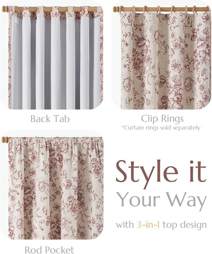 jinchan Red Floral Linen Blackout Curtains Lined 90 Inch Back Tab 2 Panels | - Image 4