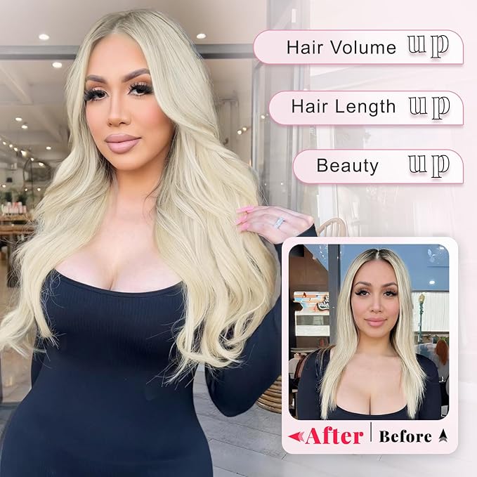 ALXNAN Long Wavy Hair Extensions for Women, Clip in Hair Extensions Clip Ins Soft Full Head Synthetic Hairpieces 20 Inch Platinum Blonde