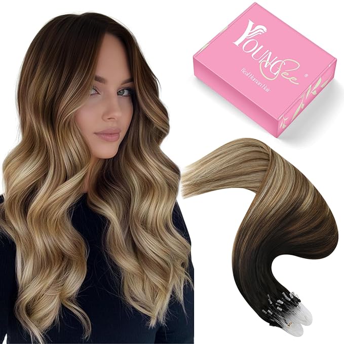 YoungSee Microlink Hair Extensions Human Hair Balayage Micro Ring Hair Extensions Ombre Dark Brown to Medium Browns with Blonde Hair Extension Beaded 20Inch 50g 50s Cold Fusion Hair Extension