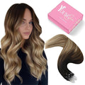 YoungSee Micro Bead Hair Extensions Real Human Hair Balayage Micro Loop Hair Extensions Ombre Dark Brown to Browns with Blonde Hair Extension Beaded Remy Hair Extension 50g 50s 18In Microring Hair