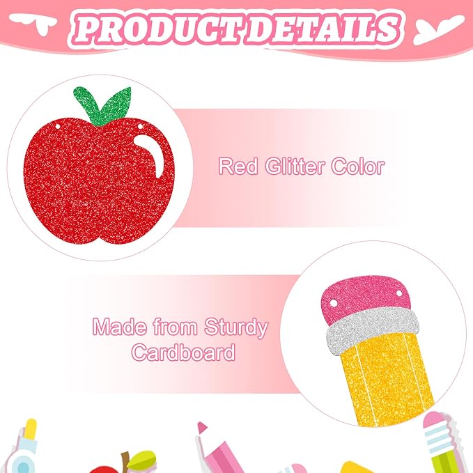 School Banner Garland For Back To School Decorations, Glitter Apple Pencil - Image 3