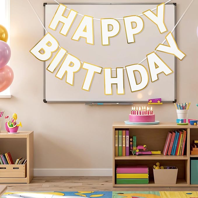 Pre-Strung Happy Birthday Banner White Party Decorations | adjustable cord - Image 7