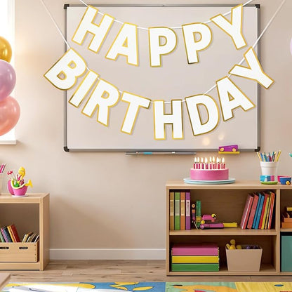 Pre-Strung Happy Birthday Banner White Party Decorations | adjustable cord - Image 7