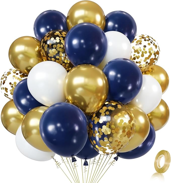 Zesliwy Navy Blue White Gold Balloons Set, Party Decor | Dark Blue Gold by Zesliwy