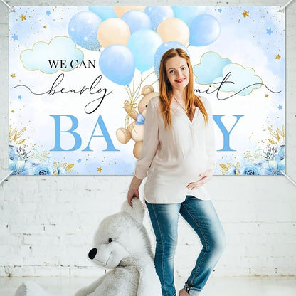 Mocsicka We Can Bearly Wait Backdrop Banner 6x3.6ft | Blue Balloons, Bear Baby - Image 7