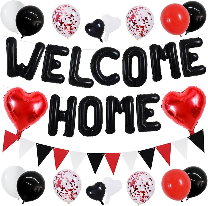 TONIFUL 16" Black Red Welcome Home Balloons Banner Housewarming Party Decor | by TONIFUL