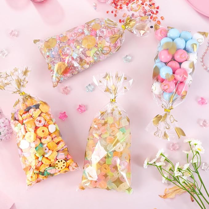 COQOFA 100 Pcs Gold 5"X11" Gift Wrap Cellophane Treat Bags Clear Party Favor - Image 5