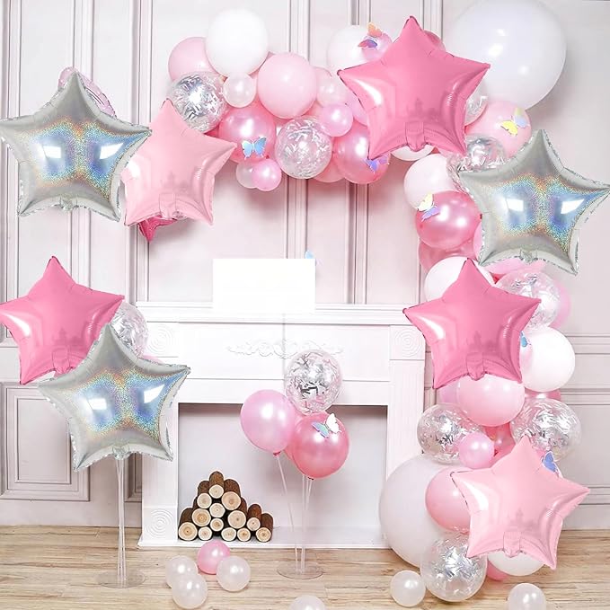 Pink and Silver Star Foil Balloons, 18 Inch Metallic Glitter Stars Balloons - Image 4