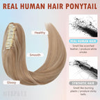 Hairro Claw Clip Ponytail Human Hair Extensions Jaw On Ponytails Remy Long Straight Jaw/Claw Clips Pony Tail Hairpieces For Women 20 Inch 120g #18P613 Ash Blonde Mix Bleach Blonde