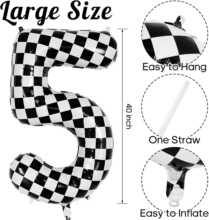 Checkered Number 5 Balloon 40 Inch, Large Foil Black and White Number Balloons - Image 3