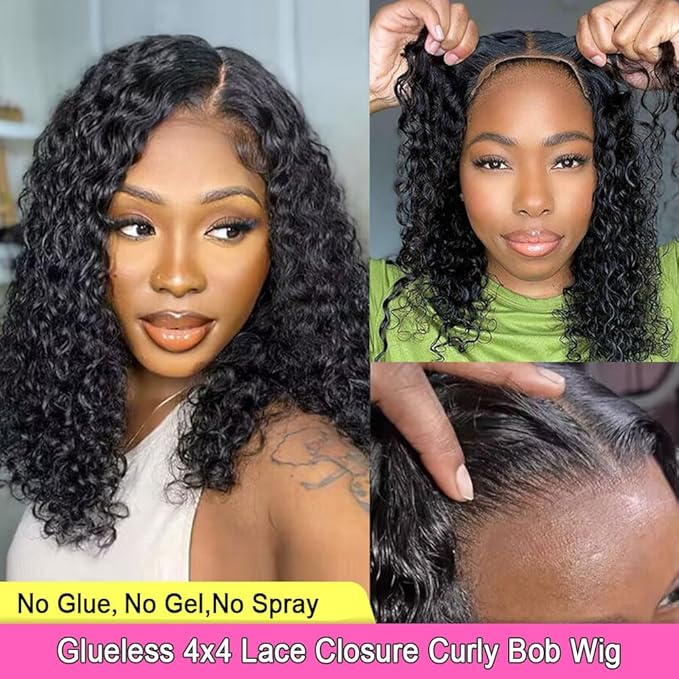 GOLFMAX 16 Inch Glueless Wigs Human Hair Pre Plucked Pre Cut Curly Bob Wig Human Hair Wear And Go Glueless Wigs 4x4 Lace Closure Short Human Hair Wig