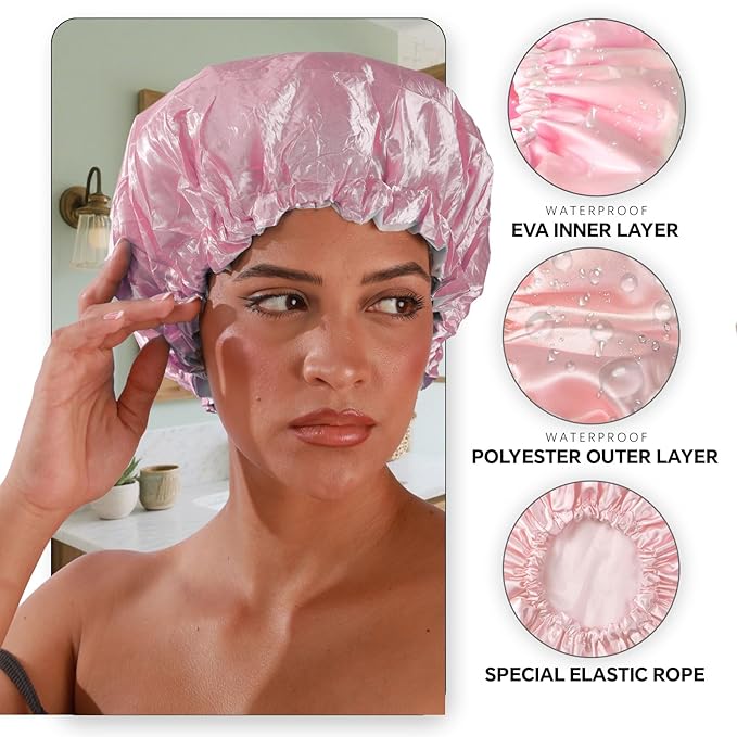 Smilco 2 Pack Shower Caps for Women, Reusable Waterproof Double Layer Bath Cap, Large EVA Elastic Hair Cover for Shower, Fits Long Hair & Braids, for Spa & Home