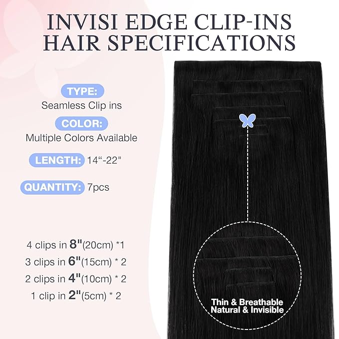 DOORES Hair Extensions Real Human Clip in 18 inch 130g 7pcs Invisi Edge, Seamless Clip in Hair Extensions Invisible Clipins Virgin Injected Skin Weft, 1 Jet Black