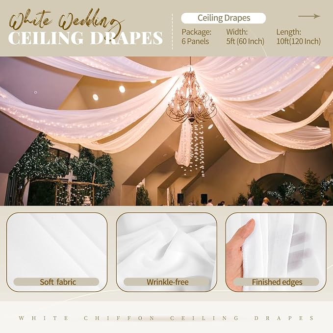 6 Panels White Ceiling Drapes for Wedding Ceiling Drapes 5ftx10ft Wedding Arch - Image 4