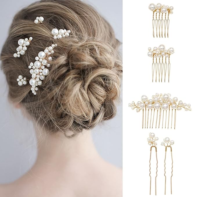 Pearl Hair Combs and Hair Pins for Bridal Women, Decorative Hair Accessories for Wedding Prom, Set of 5 (Gold)