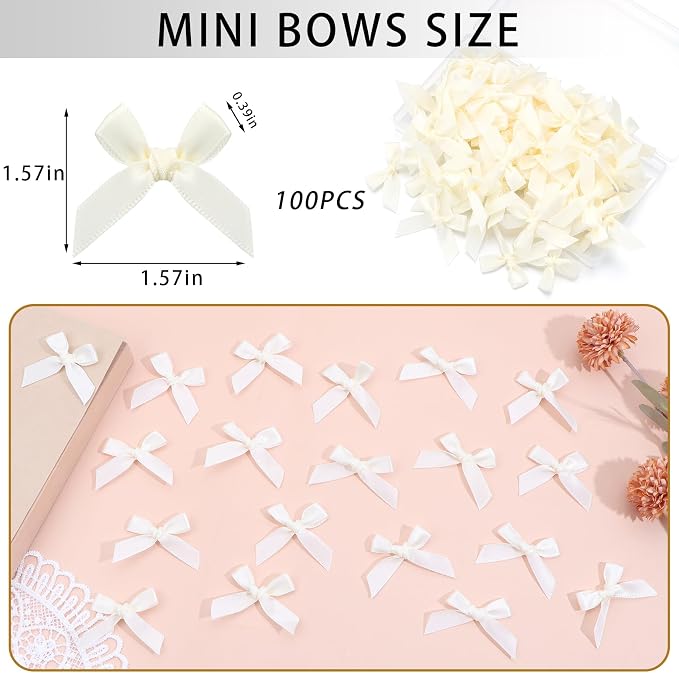 Ivory Mini Bows 1.57" 100PCS Small Satin Ribbon Bows - Image 2
