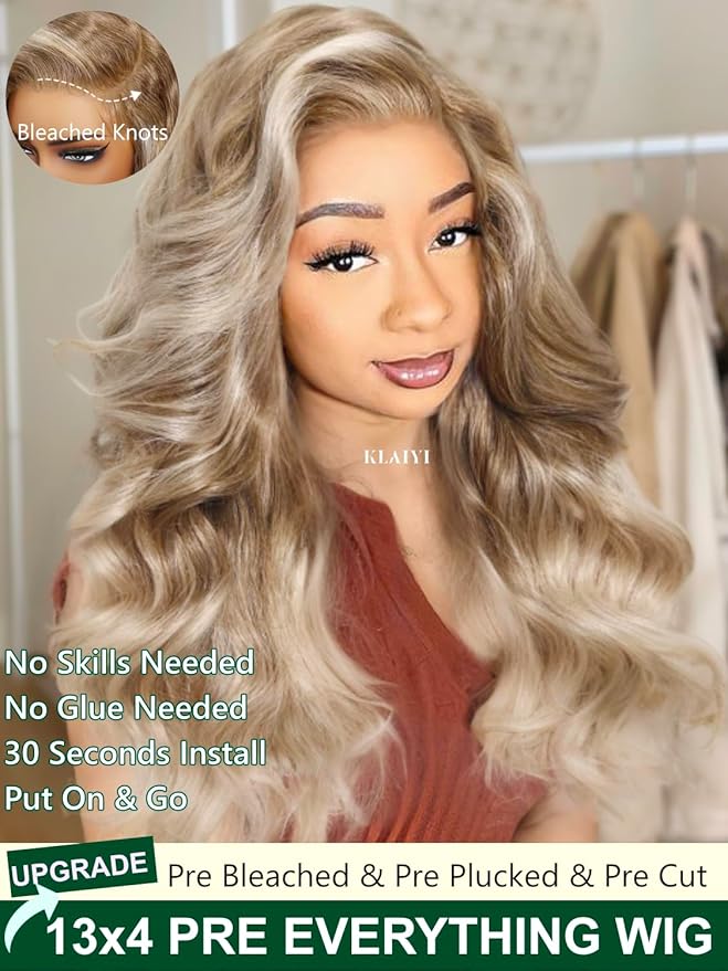 KLAIYI Ombre Ash Blonde Loose Body Wave Pre Everything Glueless 13x4 Lace Front Wigs Human Hair Balayage Precut Pre Plucked Bleached Bye Bye Knots 30S Ready to Wear and Go Wig Beginner Friendly 16Inch