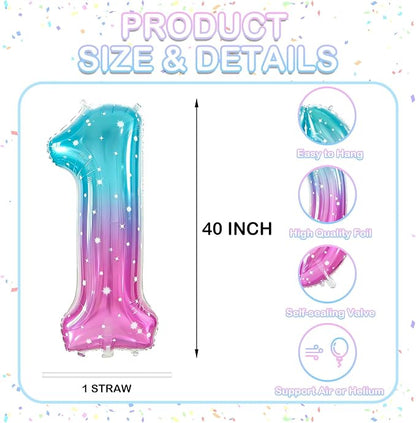 Number 1 Foil Balloon with Crown, 40-Inch Gradient | Gradient star print number - Image 2
