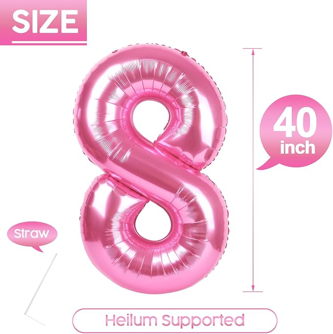 8 Balloon - Pink Birthday Number Balloons, 40 Inch Decorations Men Women | Pink - Image 5
