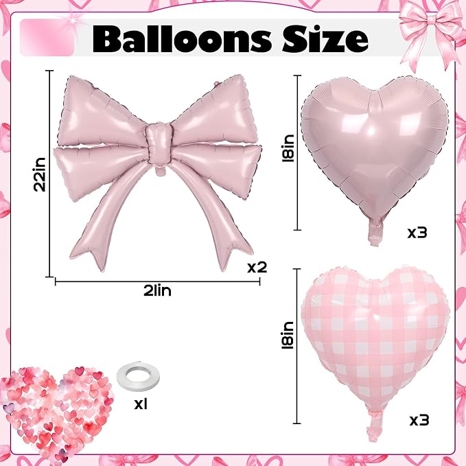 Pastel Pink Bow Balloons & Checkered Heart Foil Balloon Set, Coquette Birthday - Image 2