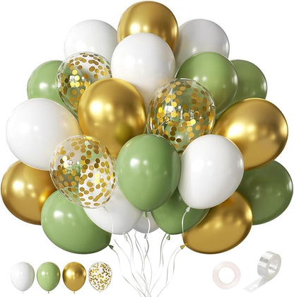 Sage Green White Gold Balloons 12 Inch 60 Pcs Metallic Gold Confetti Latex by Searchbyoccasioncolorsize