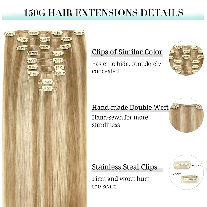 DOORES Hair Extensions Clip in Human Hair, Dark Blonde Highlighted Bleach Blonde 150g 9pcs 14 Inch, Remy Clip in Human Hair Extensions Real Natural Hair Extensions