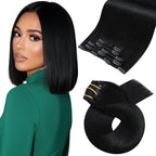 Moresoo Jet Black Clip in Hair Extensions Human Hair Jet Black Human Hair Extensions Clip ins Short Remy Human Hair for Women Double Weft 80g/5pcs 10 inch
