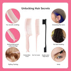 Hair Brush Set, Professional Styling Tools with Combs and Accessories, Pink, Gift Box Included (Pink Brush+Pink Comb)