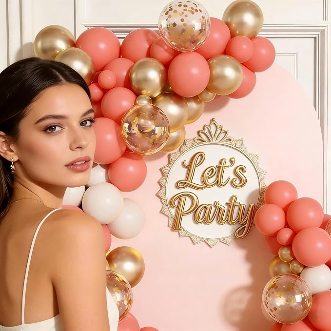 Coral Red White Gold Balloon Garland Arch Kit - Image 3