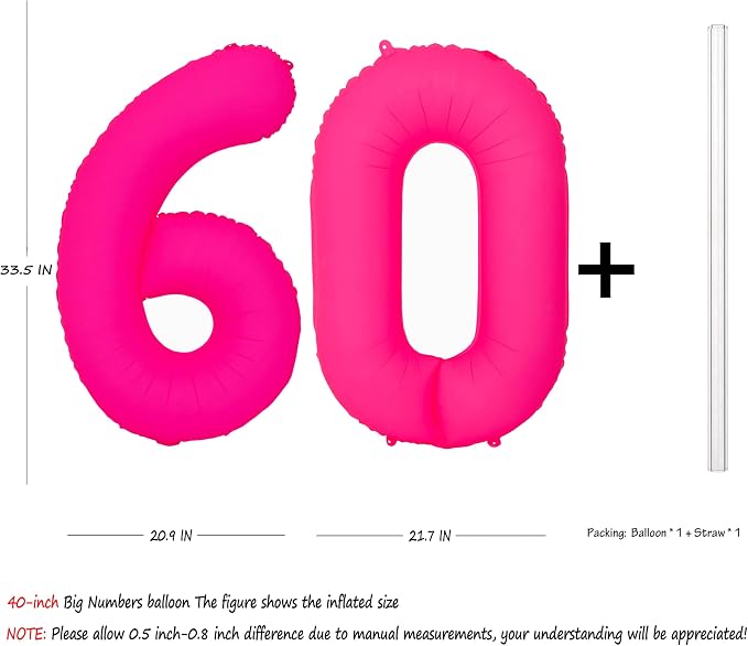 Pink Birthday Number 60 Balloons 40IN Fluorescent Pink 60 Foil Balloon | - Image 2