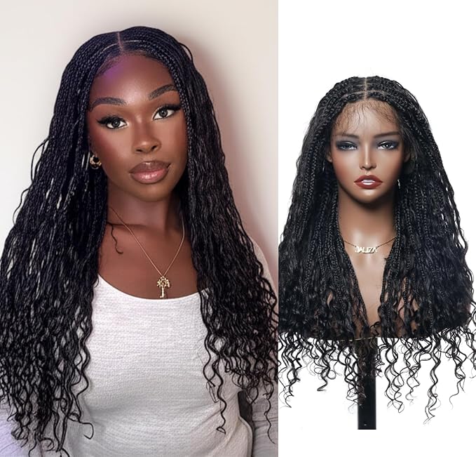 Human Hair Boho Curls Hand-Tied HD Full Lace Wig - 24" Salon-Level Small Box Synthetic Braids (80 Braids, Medium Density) Pre-Cut Swiss HD Lace, Pre-Plucked, Knotless, Tangle-Free - Black 1B